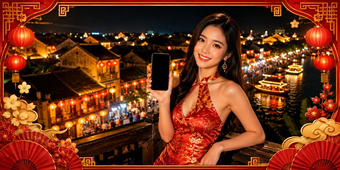 Người chơi trải nghiệm casino trên điện thoại di động dưới ánh đèn lồng Hội An