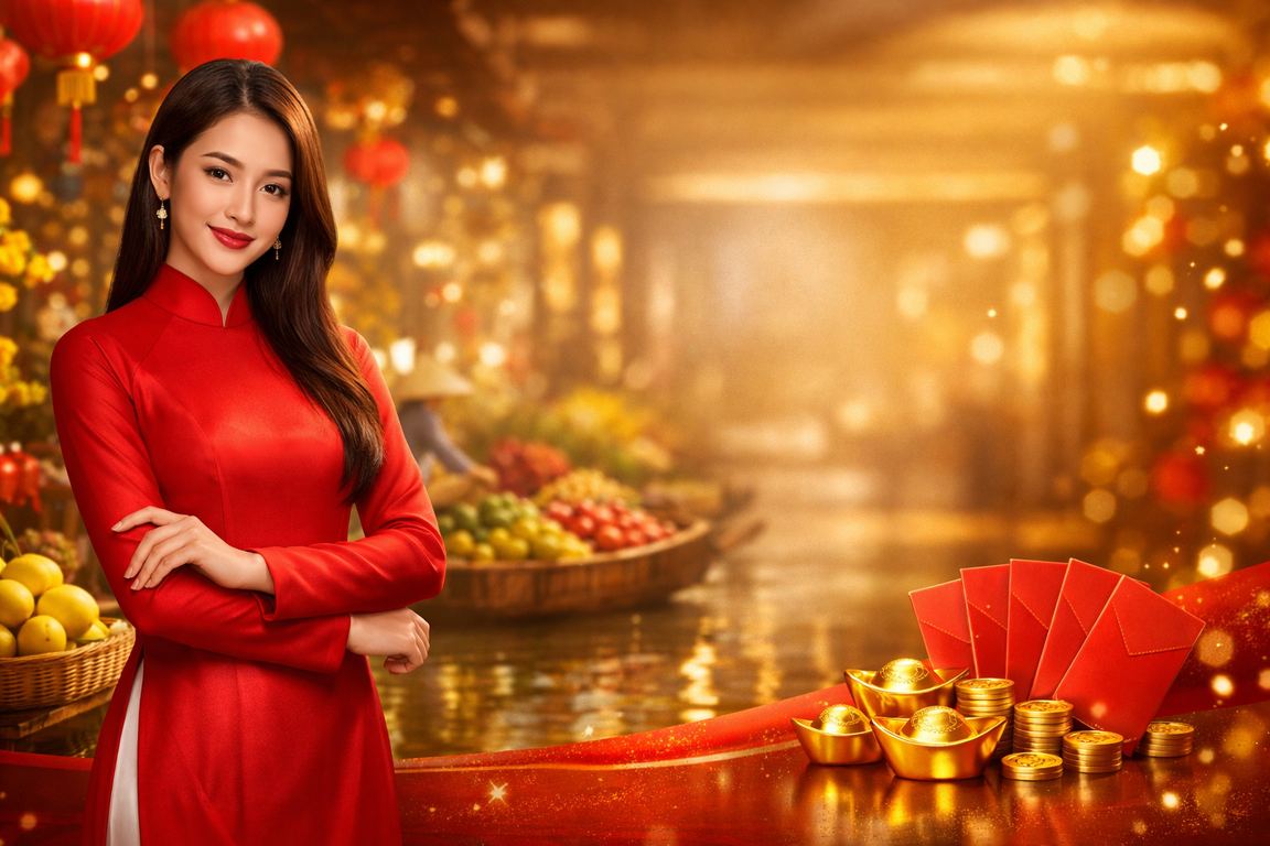 Phong bì đỏ khuyến mãi theo phong cách áo dài Mekong trên 3488
