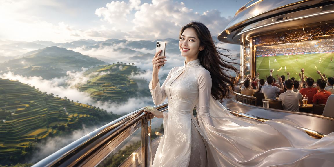 Người dùng trải nghiệm casino trên điện thoại di động giữa thiên nhiên Sapa với áo dài truyền thống